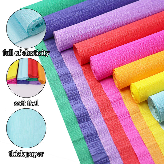wiwbbitl 8 Roll Rainbow Crepe Paper Craft Kit (10" x8') Includes 50 Sturdy Floral Wires & 1 Stretch Tape,Tear-Resistant Papel Crepe Supplies for DIY Party Decor, Wedding Flowers, Family Crafts
