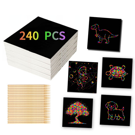 wiwbbitl Scratch Art Kit for Kids - 240 Colorful Scratch Paper Sheets & 26 Bamboo Stylus, Fun Classroom Arts and Crafts Supplies for Children, Ideal for Creative Gift for Little Artists