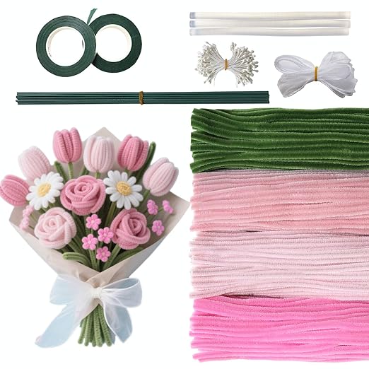 wiwbbitl 400 Pcs Pipe Cleaners Craft Set - 4 Colors Chenille Stems (11.8"x0.23") for DIY Flowers, Bouquets, Kids' Art & Home Crafts. Includes 30-Yard Green Tape, Ribbon, Glue Sticks, Rods & Stamen