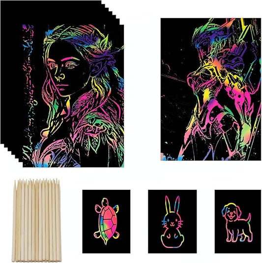 wiwbbitl Rainbow Scratch Paper Bulk - 100 Rainbow Scratch Art Sheets(5"x7.3") with 26 Bamboo Stylus Pens - Mess Free Arts for Kids and Crafts Supplies for Classroom, Party, Travel, Stress Relief